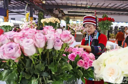 来自云南省的花卉企业代表，身着富有民族特色的服饰参展